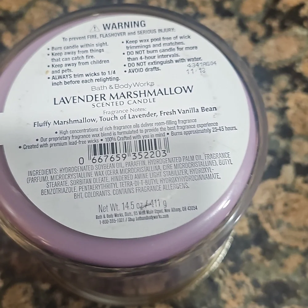 BBW Lavender Marshmallow Exclusively Fragranced Soy Wax 3 Wick Candle - - Picture 4 of 4